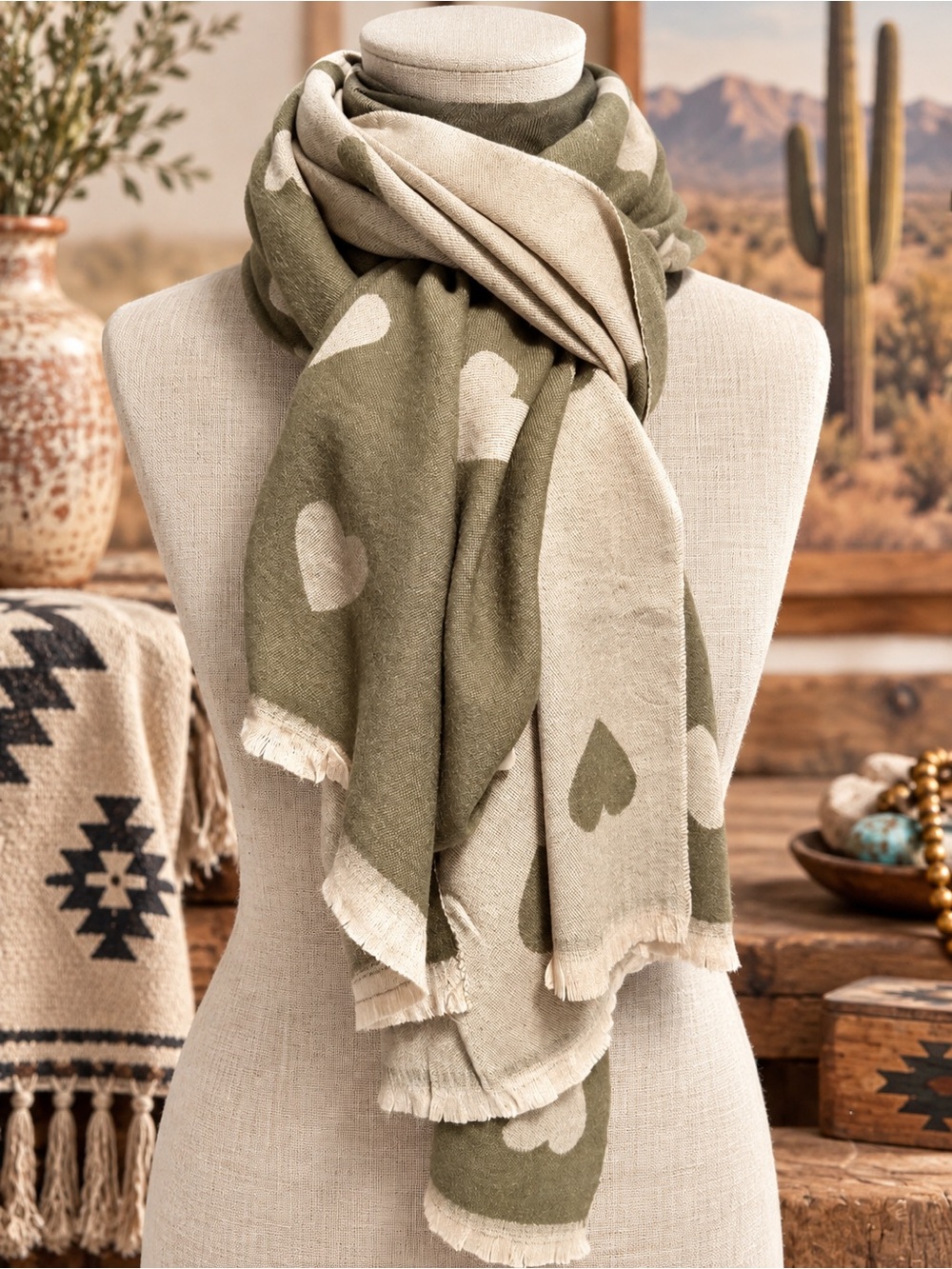 🆕❤️Olive & Cream Heart Pattern Cozy Scarf